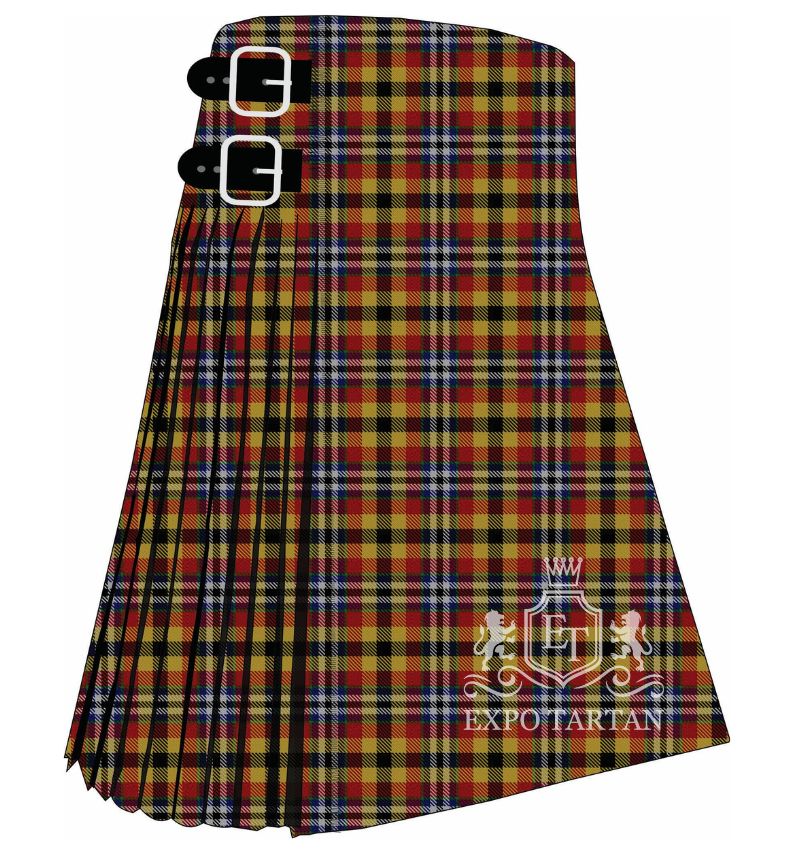 Men's Eusa Tartan Kilt showing traditional knife pleats and black leather side straps in a rich crimson red, warm golden-ochre, and deep black sett, intricately intersected by royal blue and crisp white overcheck