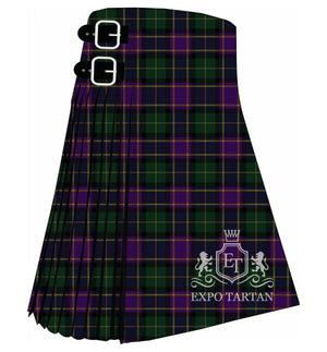 Men's Experience Scotland Tartan Kilt showing traditional knife pleats and black leather side straps in a vibrant royal purple and deep forest green sett, intricately intersected by dark navy blue and warm golden-yellow overcheck
