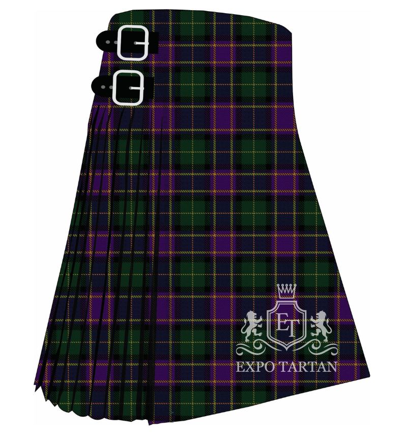 Men's Experience Scotland Tartan Kilt showing traditional knife pleats and black leather side straps in a vibrant royal purple and deep forest green sett, intricately intersected by dark navy blue and warm golden-yellow overcheck