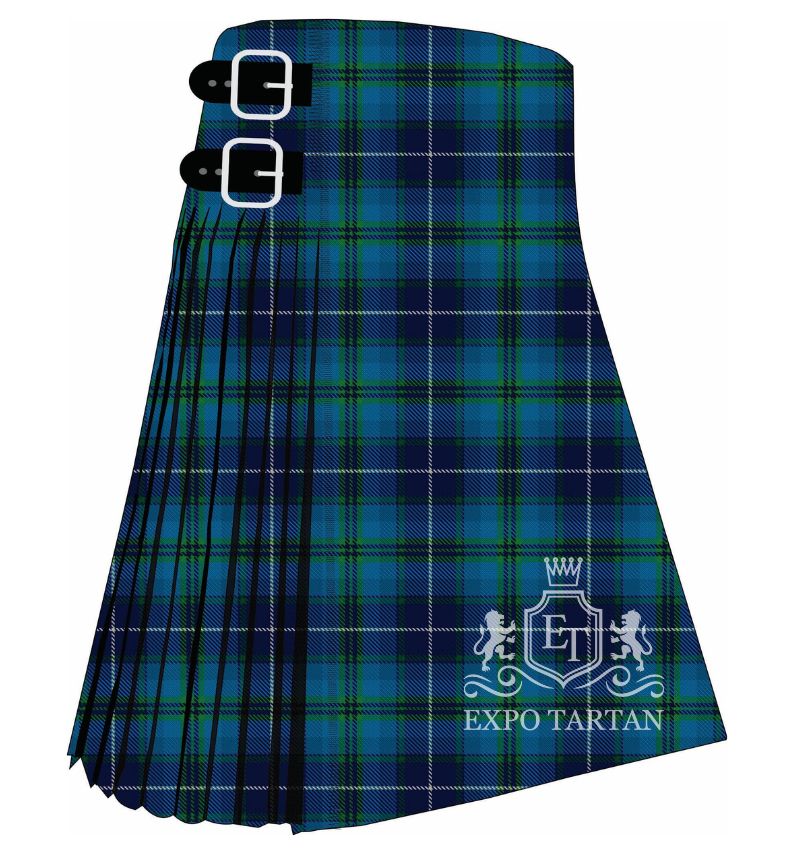 Men's Fair Trade Tartan Kilt showing traditional knife pleats and black leather side straps in a vibrant turquoise-blue, deep forest green, and rich navy blue sett, intricately intersected by crisp white overcheck