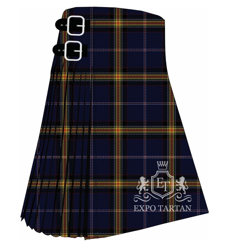 Men's Falkirk County Tartan Kilt showing traditional knife pleats and black leather side straps in a deep navy blue and rich black sett, intricately intersected by crimson red, golden-yellow, and crisp white overcheck