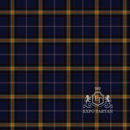 Men's Falkirk County Swatch showing a deep navy blue and rich black sett, intricately intersected by crimson red, golden-yellow, and crisp white overcheck