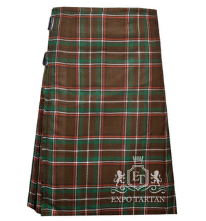 Men's Family Williams Tartan Kilt showing traditional knife pleats and black leather side straps in an earthy brown and green sett, intricately intersected by bright orange and crisp white overcheck