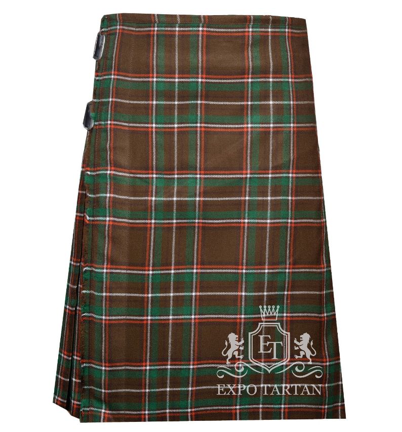 Men's Family Williams Tartan Kilt showing traditional knife pleats and black leather side straps in an earthy brown and green sett, intricately intersected by bright orange and crisp white overcheck