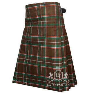 Men's Family Williams Tartan Kilt showing traditional knife pleats and black leather side straps in an earthy brown and green sett, intricately intersected by bright orange and crisp white overcheck