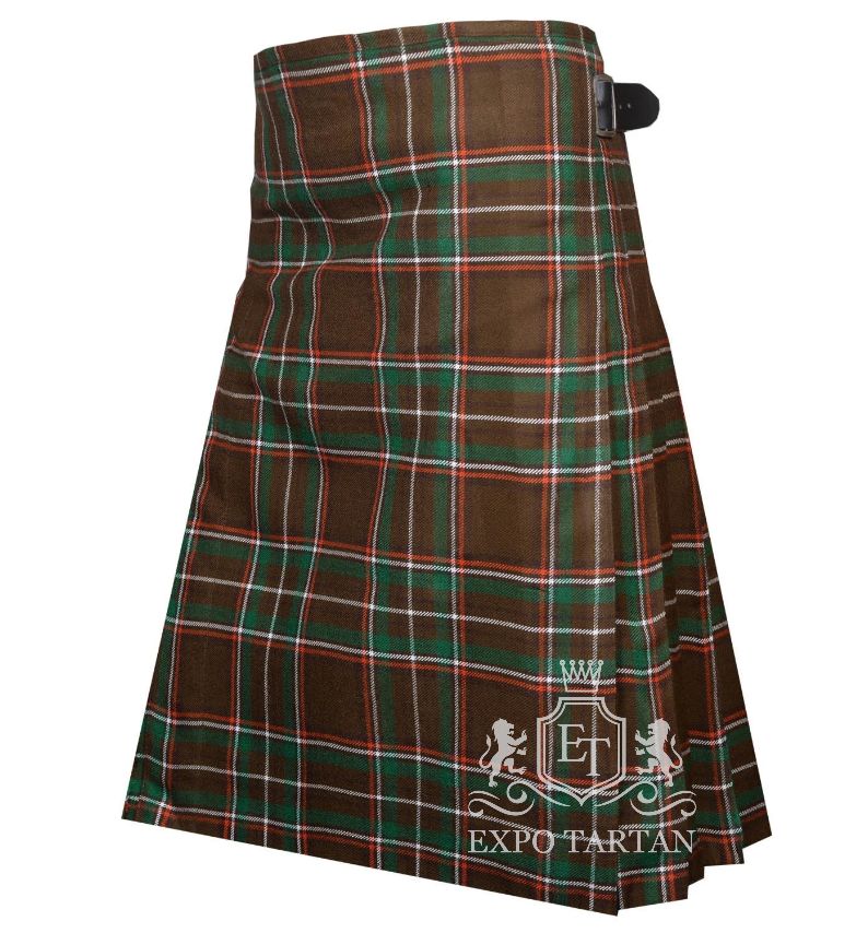 Men's Family Williams Tartan Kilt showing traditional knife pleats and black leather side straps in an earthy brown and green sett, intricately intersected by bright orange and crisp white overcheck