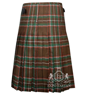 Men's Family Williams Tartan Kilt showing traditional knife pleats and black leather side straps in an earthy brown and green sett, intricately intersected by bright orange and crisp white overcheck