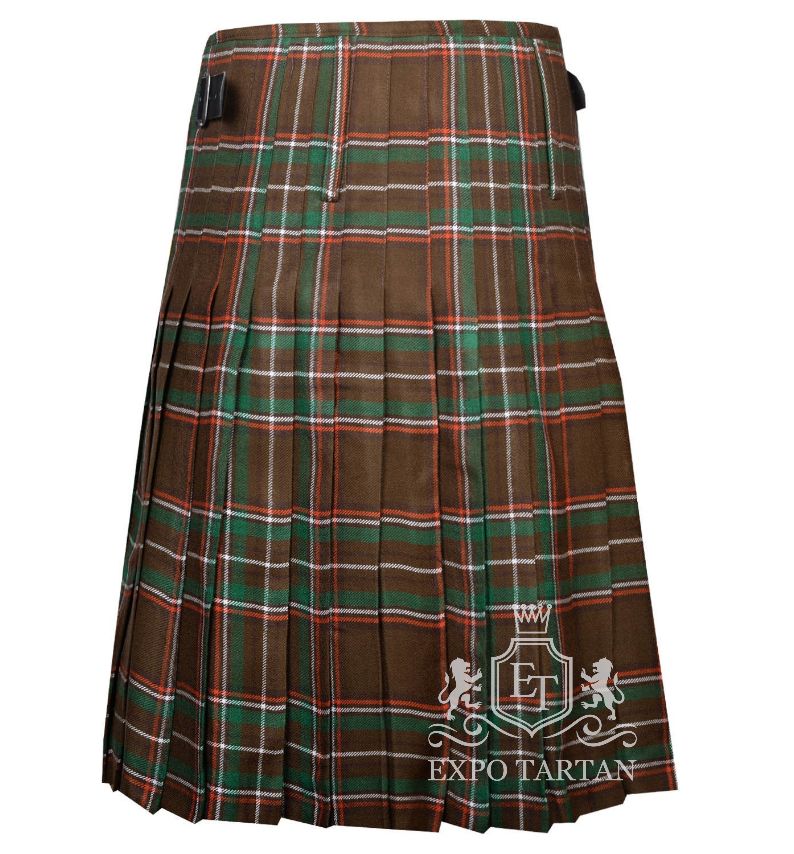 Men's Family Williams Tartan Kilt showing traditional knife pleats and black leather side straps in an earthy brown and green sett, intricately intersected by bright orange and crisp white overcheck