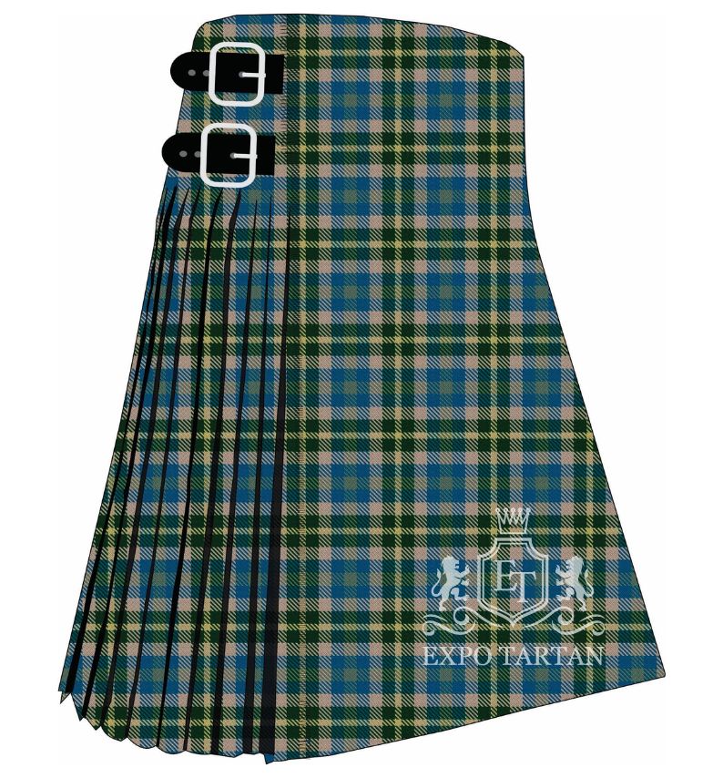 Men's Feis Ile Tartan Kilt showing traditional knife pleats and black leather side straps in a vibrant blue, forest green, and warm beige sett, intricately intersected by golden-yellow and dark charcoal overcheck