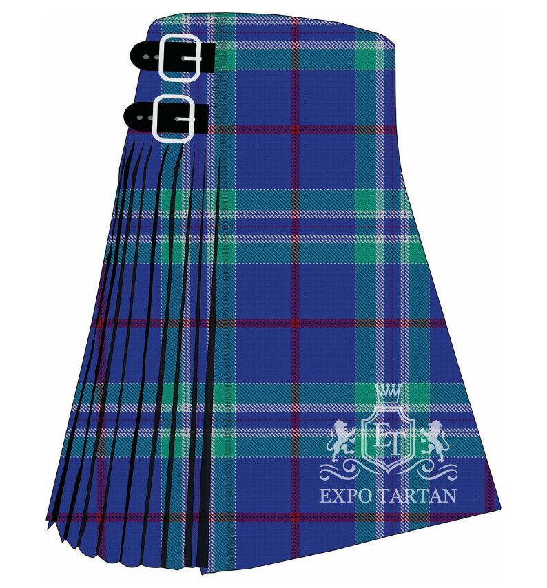 Men's Fergus Scottish Festival Tartan Kilt showing traditional knife pleats and black leather side straps in a vibrant royal blue, deep emerald green, and rich navy blue sett, intricately intersected by crimson red and crisp white overcheck