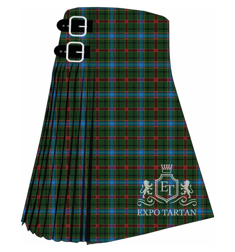 Men's Festival Celtes et Cie Tartan Kilt showing traditional knife pleats and black leather side straps in a deep forest green and rich navy blue sett, intricately intersected by vibrant sky blue, crimson red, and crisp white overcheck