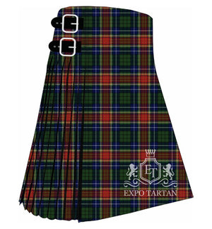 Men's Festival Celtique de Quebec Tartan Kilt showing traditional knife pleats and black leather side straps in a deep forest green, rich navy blue, and vibrant crimson red sett, intricately intersected by golden-yellow and crisp white overcheck