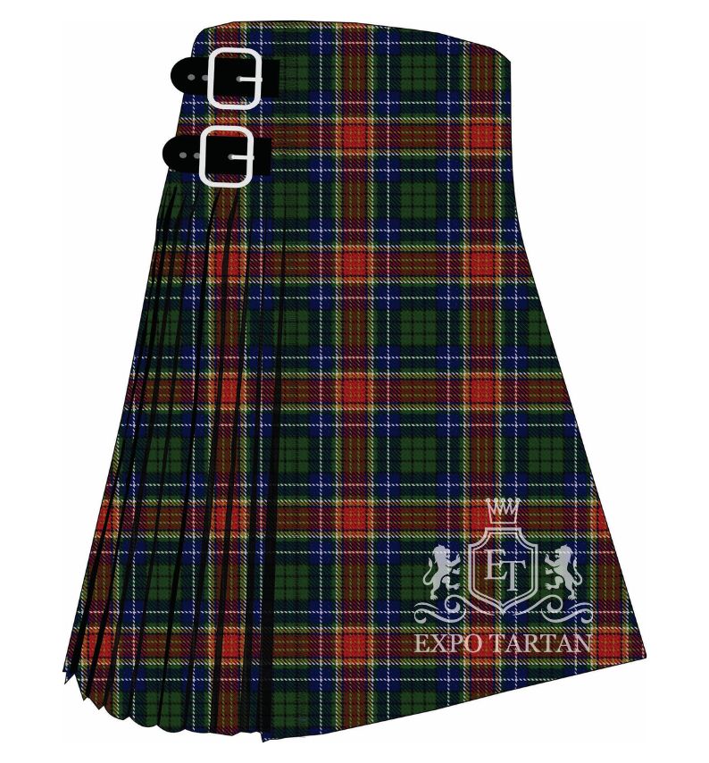 Men's Festival Celtique de Quebec Tartan Kilt showing traditional knife pleats and black leather side straps in a deep forest green, rich navy blue, and vibrant crimson red sett, intricately intersected by golden-yellow and crisp white overcheck