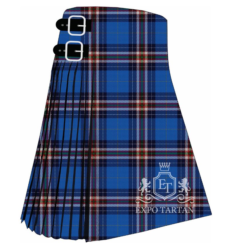 Men's Festival Interceltico de Aviles Tartan Kilt showing traditional knife pleats and black leather side straps in a vibrant sky blue, rich royal blue, and deep navy blue sett, intricately intersected by crimson red, forest green, and crisp white overcheck