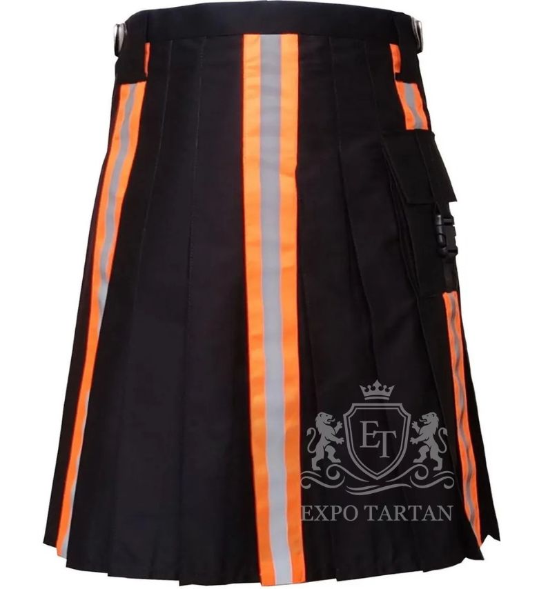 Firefighter Utility Kilt — Black Cotton Reflective Orange Stripes Cargo Kilt | Expo Tartan