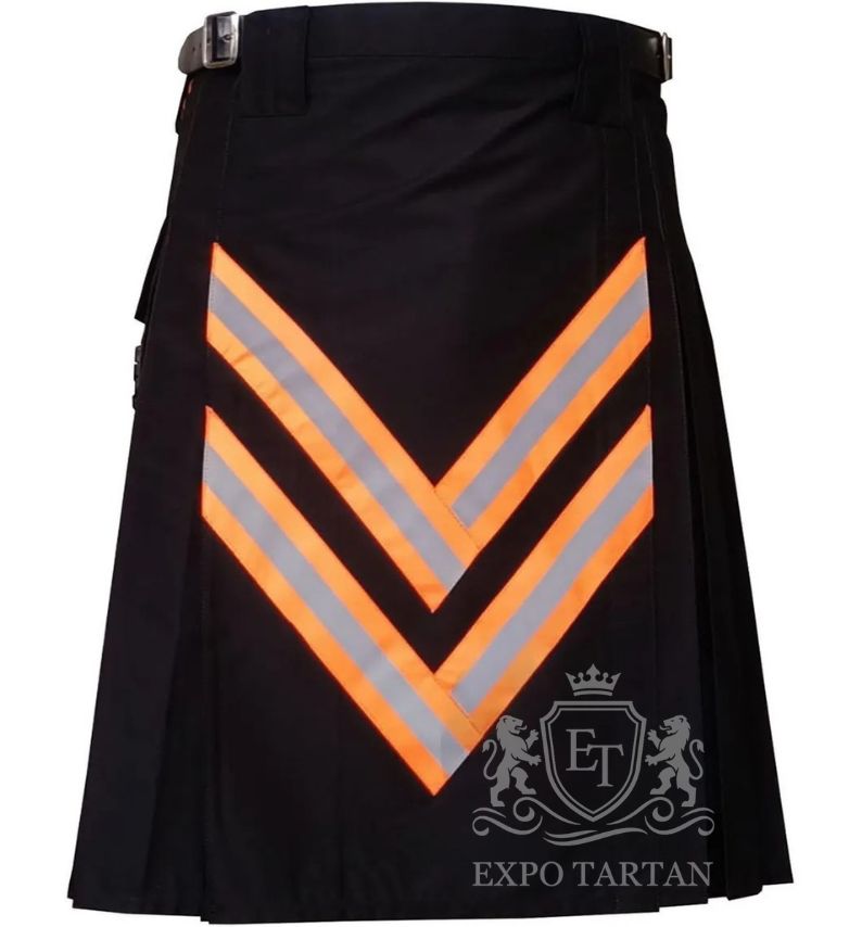 Firefighter Utility Kilt — Black Cotton Reflective Orange Stripes Cargo Kilt | Expo Tartan