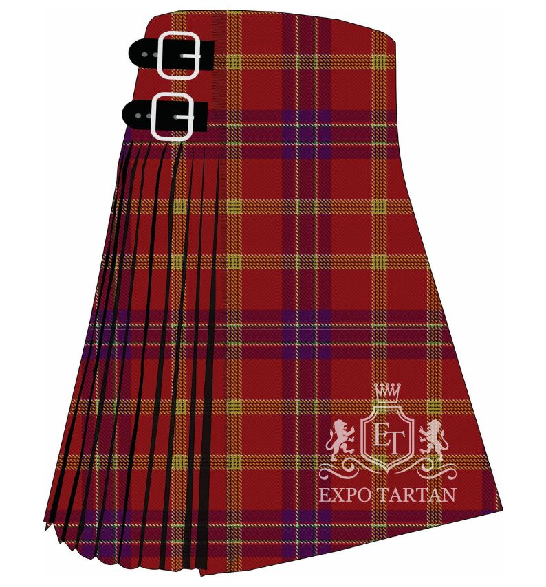 Men's Firenze Tartan Kilt showing traditional knife pleats and black leather side straps in a vibrant crimson red and deep purple sett, intricately intersected by golden-yellow and crisp white overcheck