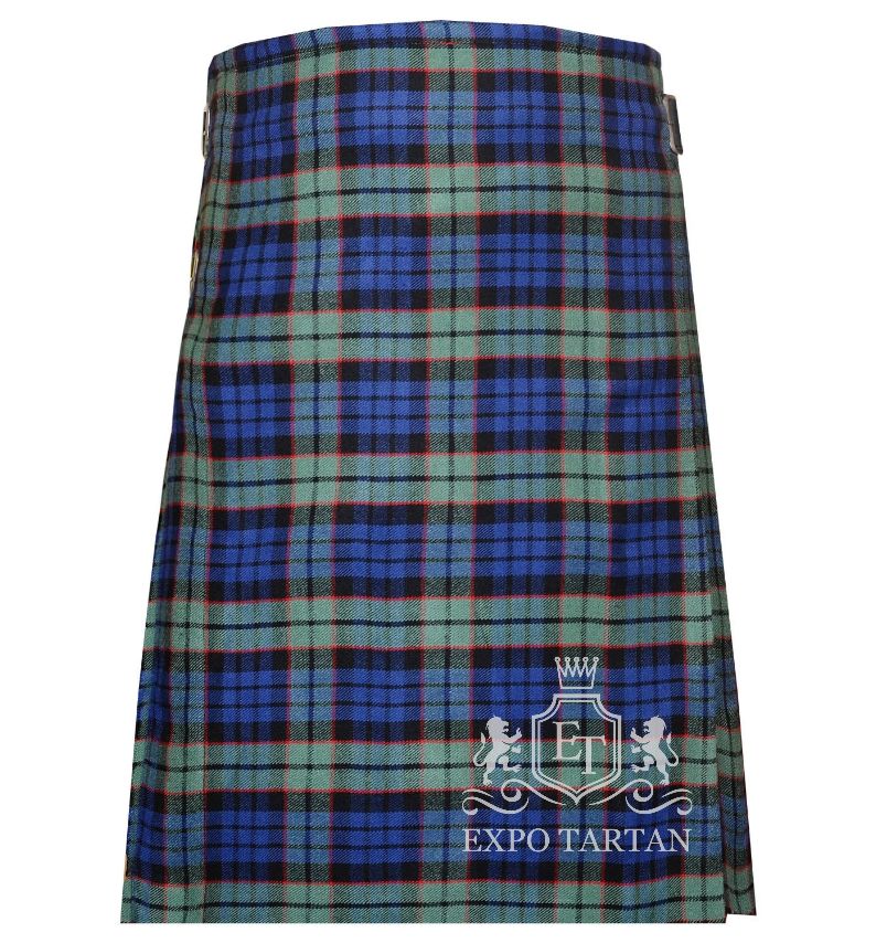 Men's Fletcher Tartan Kilt showing traditional knife pleats and black leather side straps in a vibrant blue and green sett, intricately intersected by solid black bands and striking red overcheck