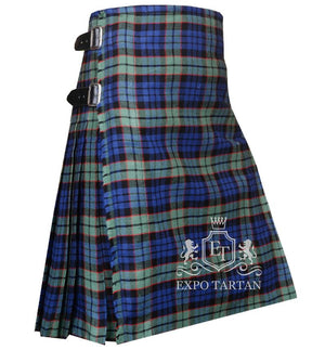 Men's Fletcher Tartan Kilt showing traditional knife pleats and black leather side straps in a vibrant blue and green sett, intricately intersected by solid black bands and striking red overcheck
