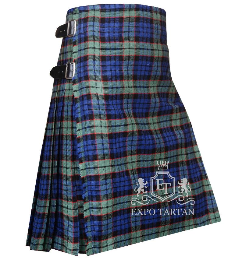 Men's Fletcher Tartan Kilt showing traditional knife pleats and black leather side straps in a vibrant blue and green sett, intricately intersected by solid black bands and striking red overcheck