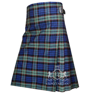 Men's Fletcher Tartan Kilt showing traditional knife pleats and black leather side straps in a vibrant blue and green sett, intricately intersected by solid black bands and striking red overcheck