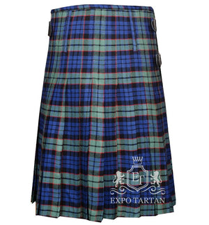 Men's Fletcher Tartan Kilt showing traditional knife pleats and black leather side straps in a vibrant blue and green sett, intricately intersected by solid black bands and striking red overcheck