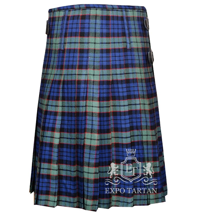 Men's Fletcher Tartan Kilt showing traditional knife pleats and black leather side straps in a vibrant blue and green sett, intricately intersected by solid black bands and striking red overcheck