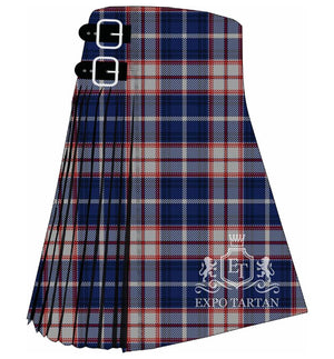 Men's Florida Tartan Kilt showing traditional knife pleats and black leather side straps in a vibrant royal blue, soft heather grey, and deep navy blue sett, intricately intersected by crimson red and crisp white overcheck