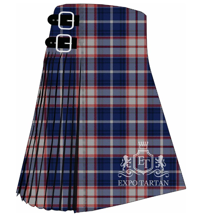 Men's Florida Tartan Kilt showing traditional knife pleats and black leather side straps in a vibrant royal blue, soft heather grey, and deep navy blue sett, intricately intersected by crimson red and crisp white overcheck