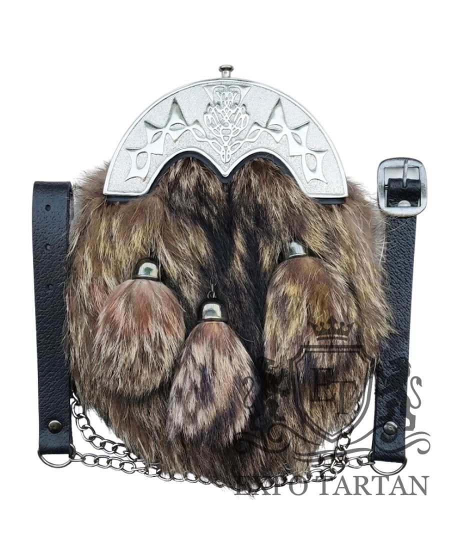 Fox Fur Full Dress Leather Kilt Sporran With Antique Finish