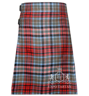 Men's Gordon Red Ancient Tartan Kilt showing traditional knife pleats and black leather side straps in a historic red and grey-green sett, intricately intersected by black bands and light blue overchecks
