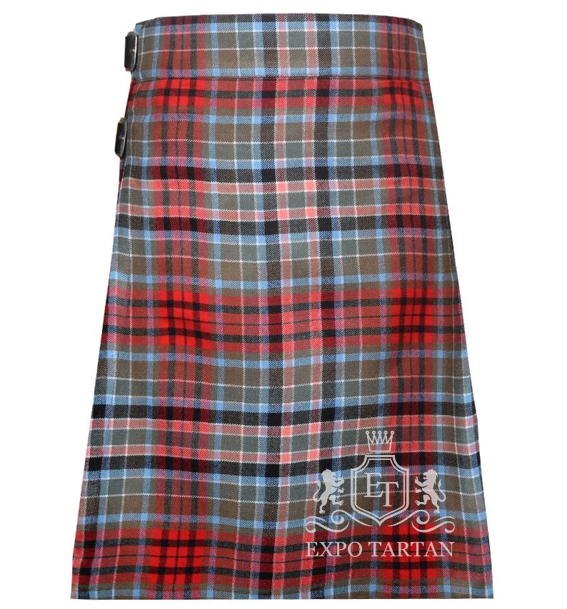 Men's Gordon Red Ancient Tartan Kilt showing traditional knife pleats and black leather side straps in a historic red and grey-green sett, intricately intersected by black bands and light blue overchecks