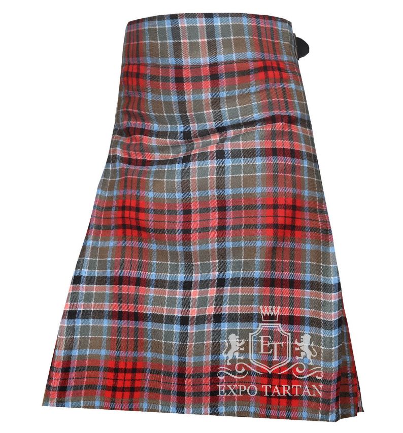 Men's Gordon Red Ancient Tartan Kilt showing traditional knife pleats and black leather side straps in a historic red and grey-green sett, intricately intersected by black bands and light blue overchecks