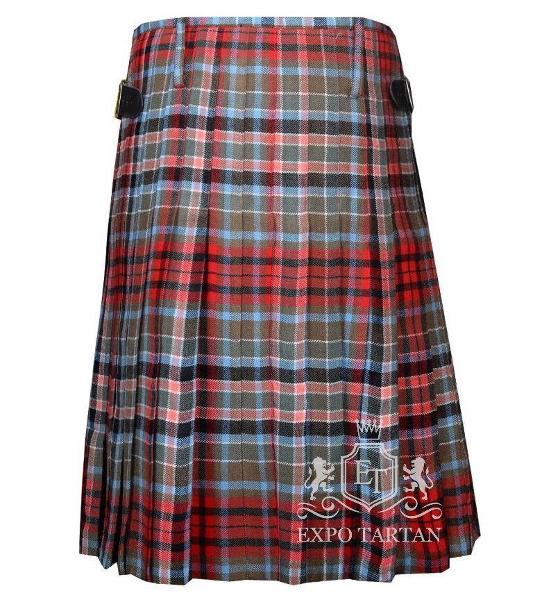Men's Gordon Red Ancient Tartan Kilt showing traditional knife pleats and black leather side straps in a historic red and grey-green sett, intricately intersected by black bands and light blue overchecks