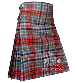 Men's Gordon Red Ancient Tartan Kilt showing traditional knife pleats and black leather side straps in a historic red and grey-green sett, intricately intersected by black bands and light blue overchecks