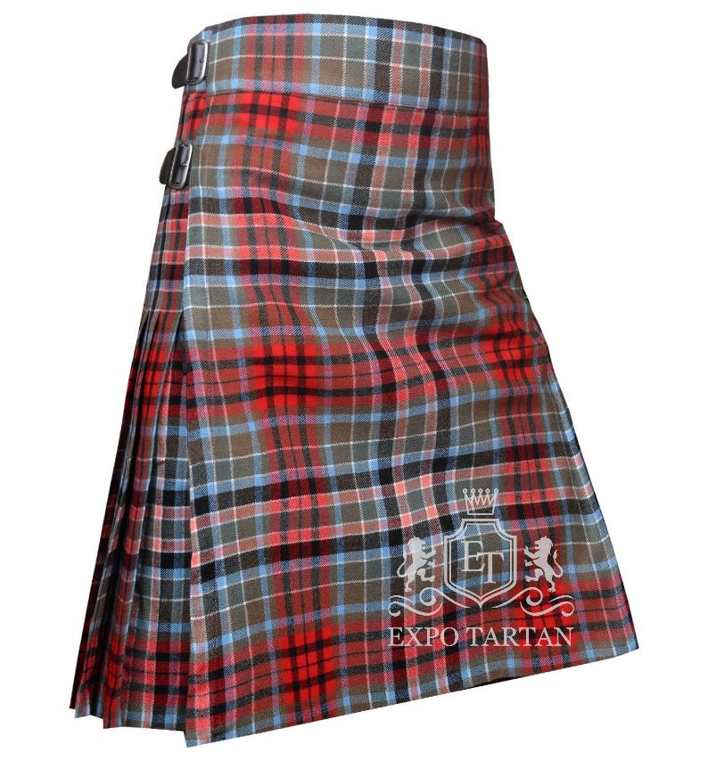 Men's Gordon Red Ancient Tartan Kilt showing traditional knife pleats and black leather side straps in a historic red and grey-green sett, intricately intersected by black bands and light blue overchecks