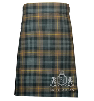 Men's Gordon Weathered Tartan Kilt showing traditional knife pleats and black leather side straps in a rustic slate grey and brown sett, intricately intersected by dark charcoal bands and yellow overchecks