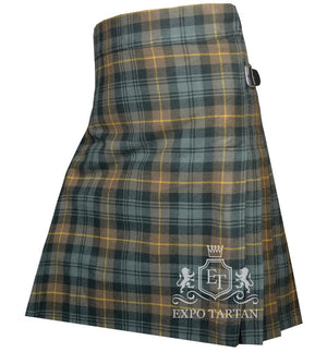 Men's Gordon Weathered Tartan Kilt showing traditional knife pleats and black leather side straps in a rustic slate grey and brown sett, intricately intersected by dark charcoal bands and yellow overchecks
