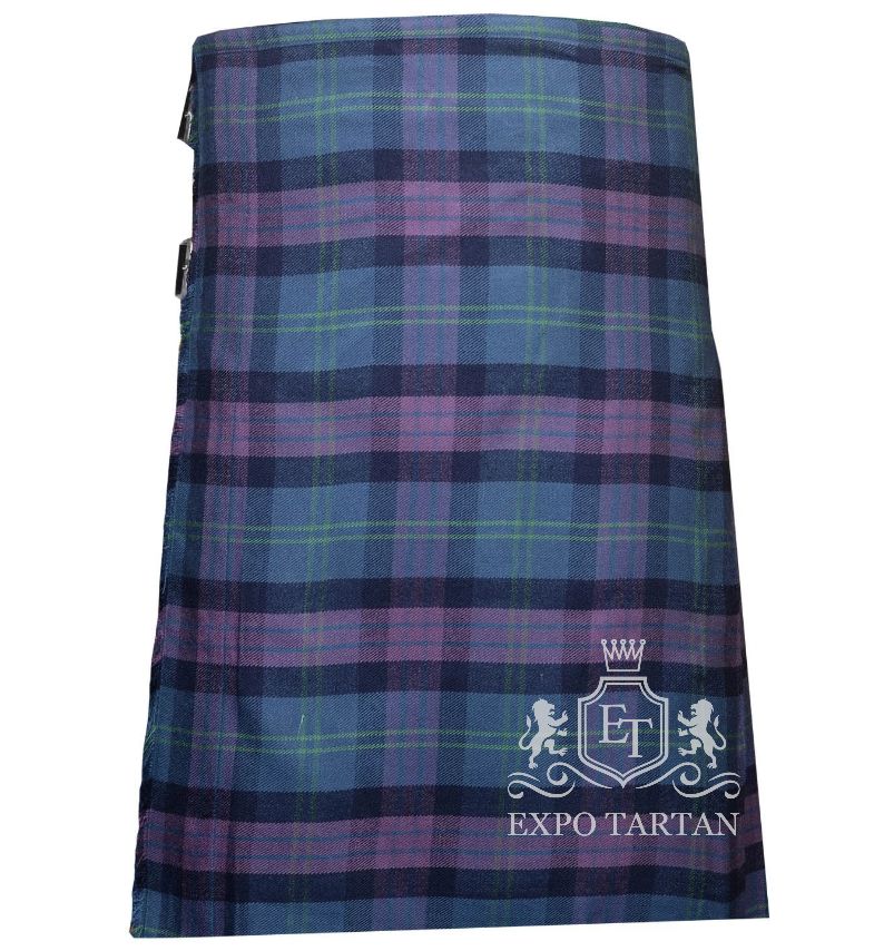 Men's Great Scott Tartan Kilt showing traditional knife pleats and black leather side straps in a vibrant blue and purple sett, intricately intersected by dark navy bands and bright green overchecks.