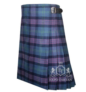Men's Great Scott Tartan Kilt showing traditional knife pleats and black leather side straps in a vibrant blue and purple sett, intricately intersected by dark navy bands and bright green overchecks.
