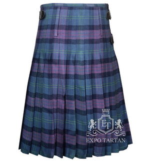 Men's Great Scott Tartan Kilt showing traditional knife pleats and black leather side straps in a vibrant blue and purple sett, intricately intersected by dark navy bands and bright green overchecks.