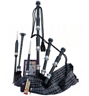 Grey Watch Tartan Black With Silver Finish Bagpipe Set With Hard Case
