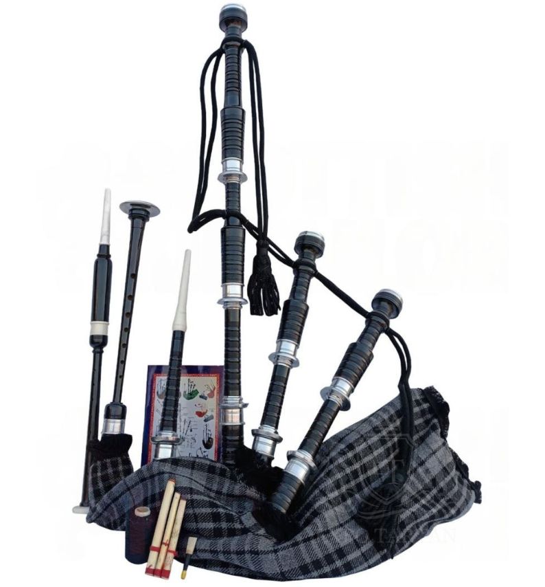 Grey Watch Tartan Black With Silver Finish Bagpipe Set With Hard Case