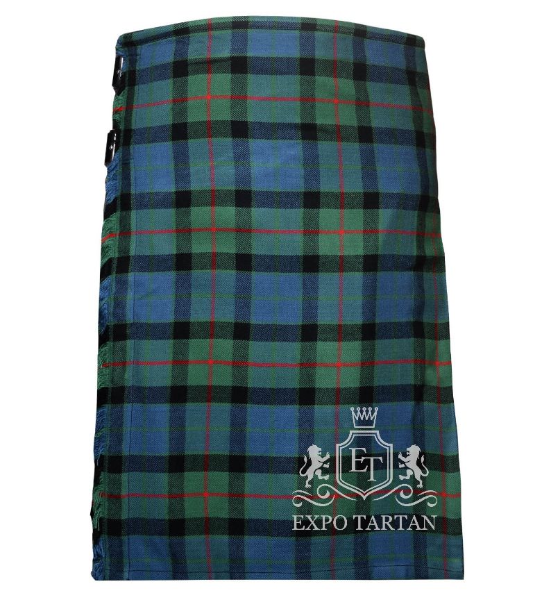 Men's Gunn Ancient Tartan Kilt showing traditional knife pleats and black leather side straps in a blue and green sett, intricately intersected by black bands and a red overcheck