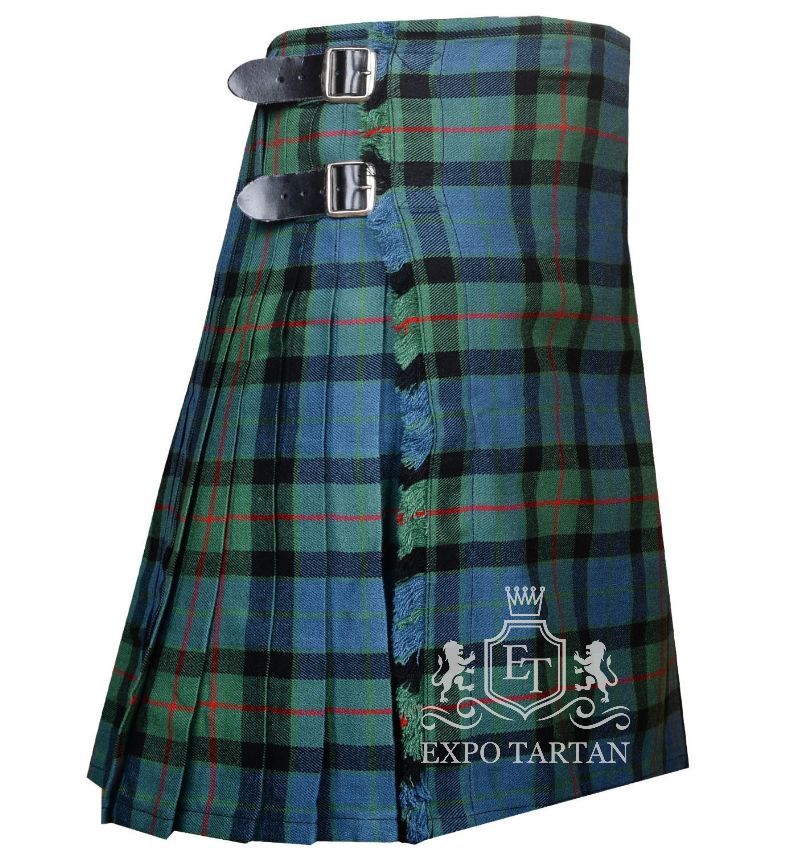 Men's Gunn Ancient Tartan Kilt showing traditional knife pleats and black leather side straps in a blue and green sett, intricately intersected by black bands and a red overcheck