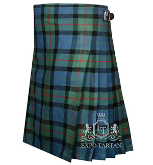 Men's Gunn Ancient Tartan Kilt showing traditional knife pleats and black leather side straps in a blue and green sett, intricately intersected by black bands and a red overcheck