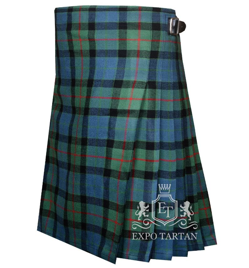 Men's Gunn Ancient Tartan Kilt showing traditional knife pleats and black leather side straps in a blue and green sett, intricately intersected by black bands and a red overcheck