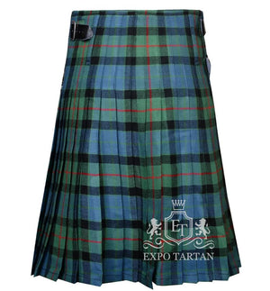 Men's Gunn Ancient Tartan Kilt showing traditional knife pleats and black leather side straps in a blue and green sett, intricately intersected by black bands and a red overcheck