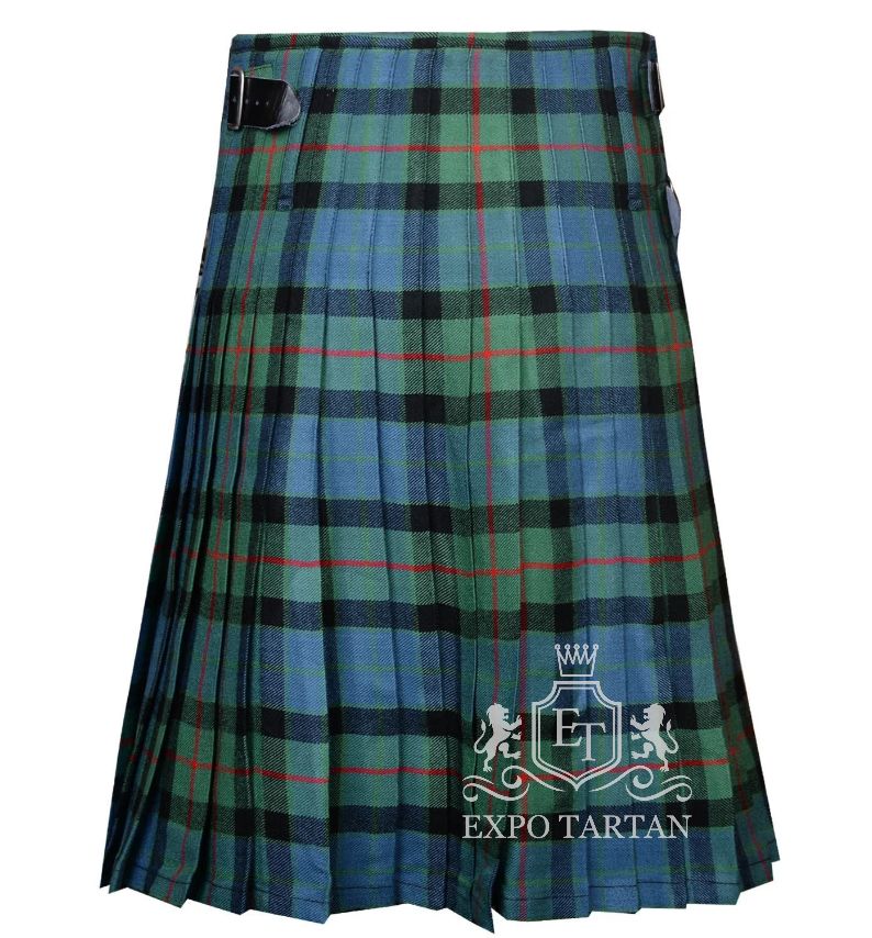Men's Gunn Ancient Tartan Kilt showing traditional knife pleats and black leather side straps in a blue and green sett, intricately intersected by black bands and a red overcheck