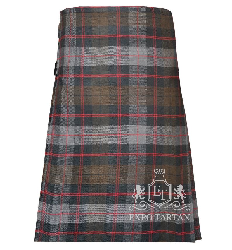 Men's Guthrie Weathered Tartan Kilt showing traditional knife pleats and black leather side straps in a rustic slate grey and brown sett, intricately intersected by dark charcoal bands and striking red overchecks